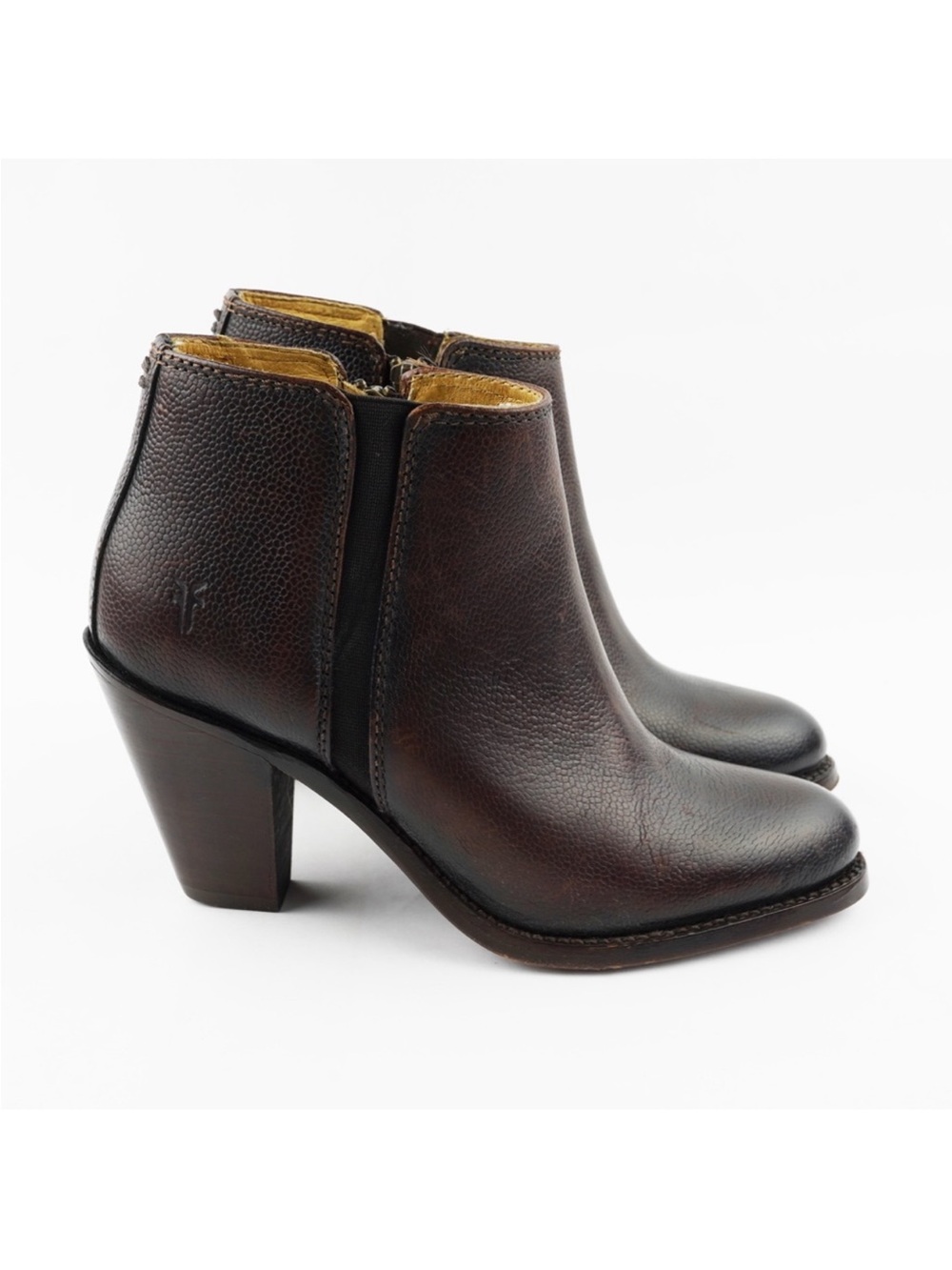 Frye Dark Brown Leather Ankle Booties with Block Heel